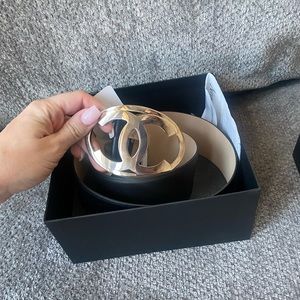 Chanel calfskin belt black silver buckle